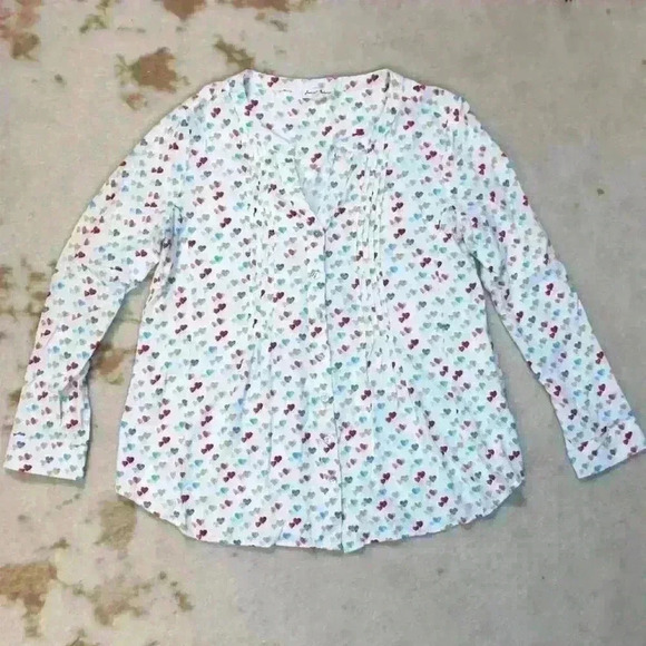 JANE & DELANCEY Flowy Ruffle Rainbow Heart Button Roll Tab Sleeve Blouse Women M - Picture 1 of 11